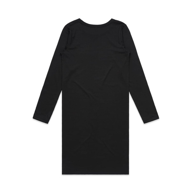 A black long-sleeved dress featuring a simple, fitted design and a back view. It has a logo present.