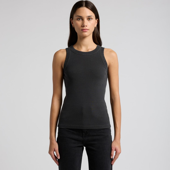 A fitted rib tank in faded black, featuring a rounded neckline and a subtle logo, worn with black jeans.