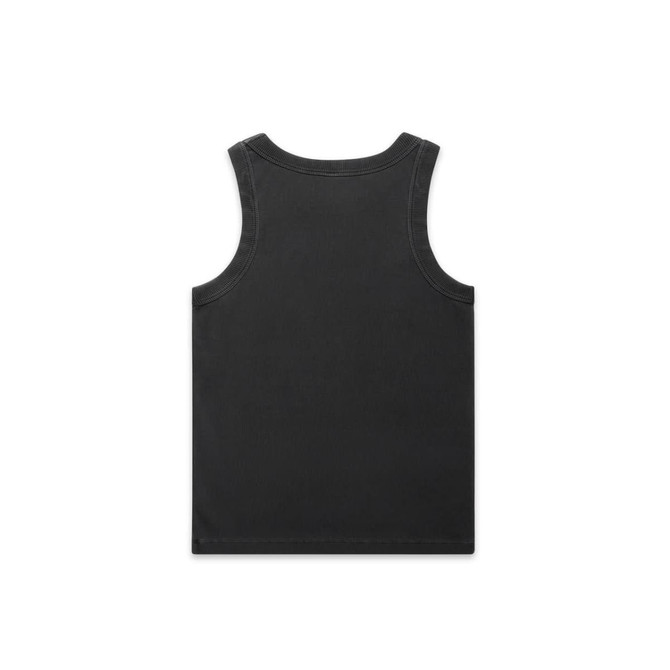 A black organic rib tank top featuring a simple design and sleeveless cut. It includes a logo on the back.