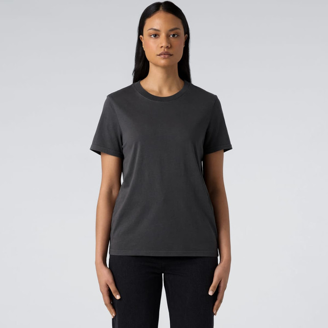 A charcoal grey t-shirt featuring a round neckline and short sleeves, modelled by a person. It has a logo on it.