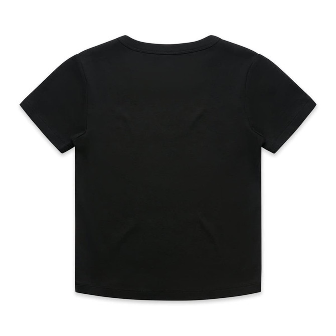 A black baby tee with a classic round neckline and short sleeves. It features a logo on the back.