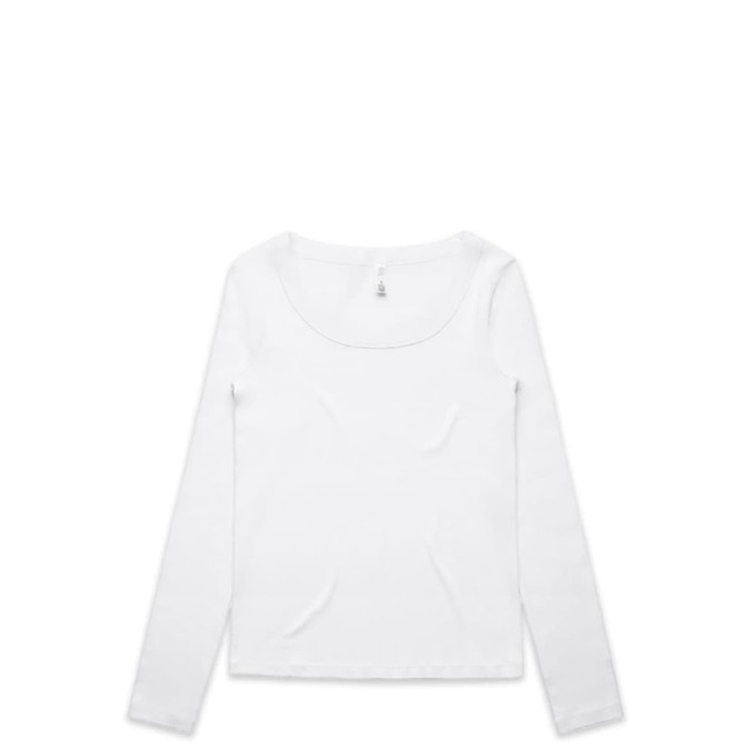 A long-sleeve white tee with a scoop neckline and a small logo on the back.