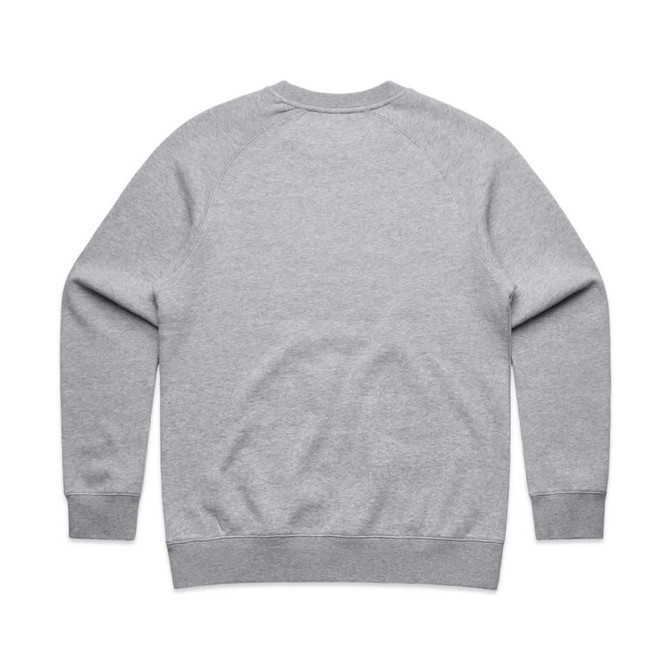 A grey jumper with a plain back design, featuring raglan sleeves and a ribbed hem. There is a logo on the garment.
