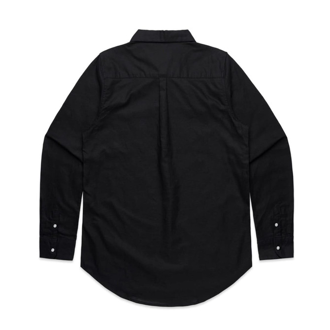 A black button-up shirt with long sleeves and a classic collar, featuring a logo on the back.