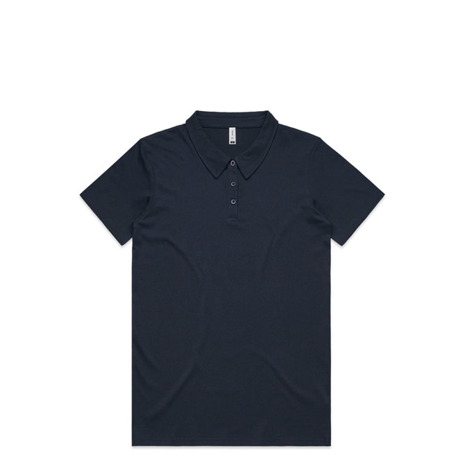 A navy polo shirt with a classic collar and three-button placket, featuring a logo.