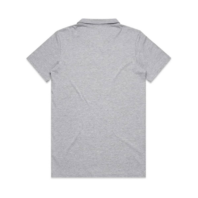 A grey polo shirt with a collar and short sleeves, featuring a branding logo.