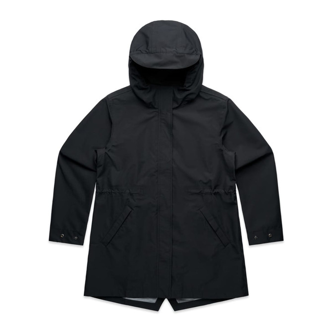 A black soft shell jacket with a hood and front pockets, featuring a simple design and a branding logo.