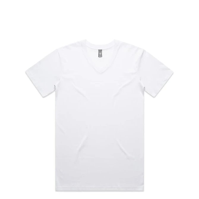 A white V-neck T-shirt with a logo on the neckline. It features a classic fit and short sleeves.