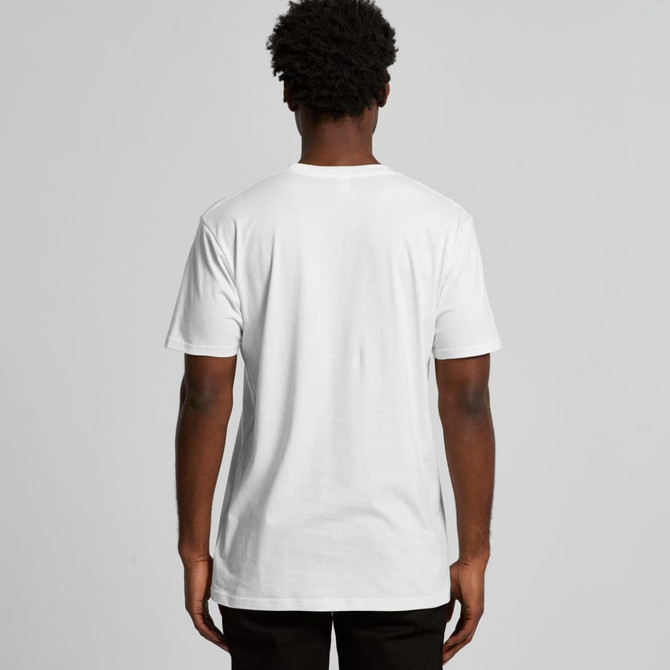 A white organic t-shirt is displayed from the back, featuring a simple design and a logo.