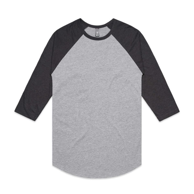 A grey and charcoal raglan tee with three-quarter sleeves and a round hem, featuring a logo.
