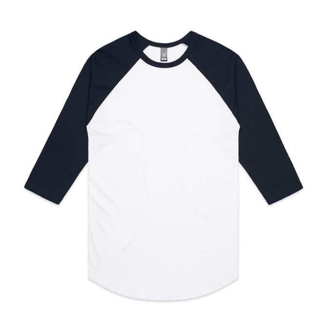 A Raglan Tee featuring white body and navy blue sleeves, with a logo on the label.