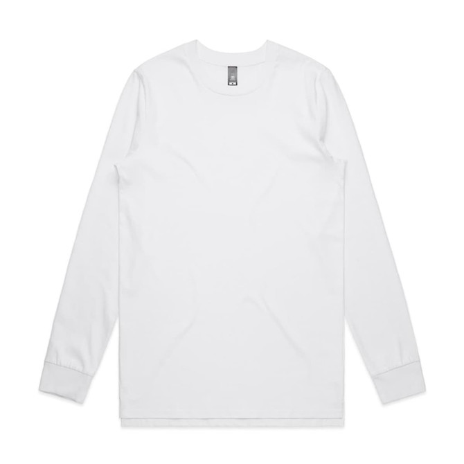 A long-sleeved white T-shirt with a round neckline and a logo at the neckline.