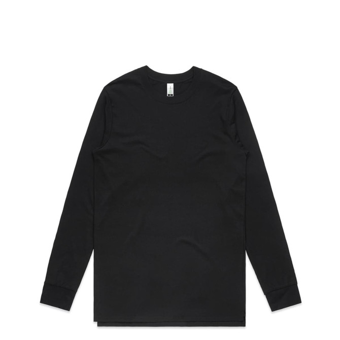 A black long-sleeve organic t-shirt with a simple design and a small logo.