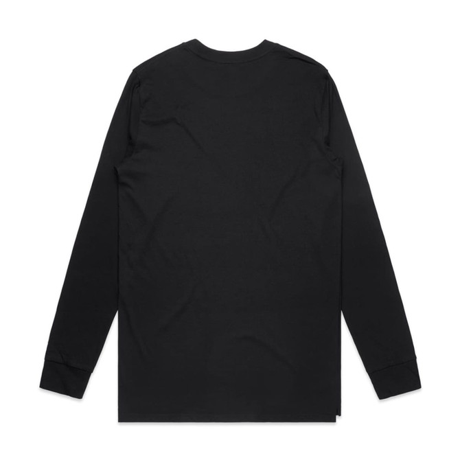 A black long-sleeve T-shirt featuring a simple design and a small logo.