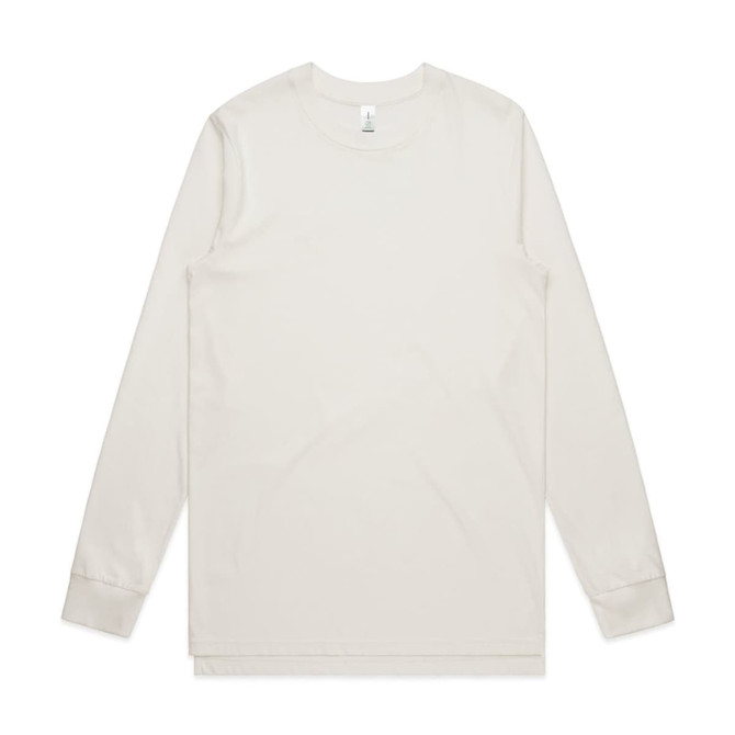 A long-sleeved organic tee in a soft off-white colour, featuring a simple design and a logo.