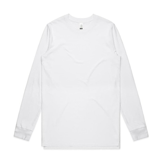 A white long-sleeve t-shirt with a simple design and a logo on the neckline.