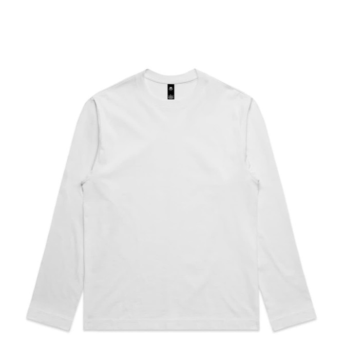 A long-sleeve white t-shirt with a crew neck and a logo tag on the collar.