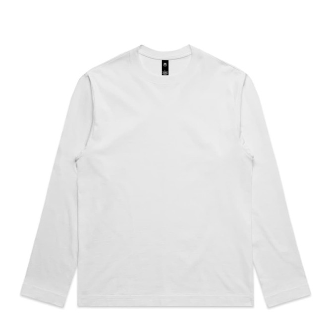 A white long-sleeve T-shirt featuring a branding tag at the neckline.