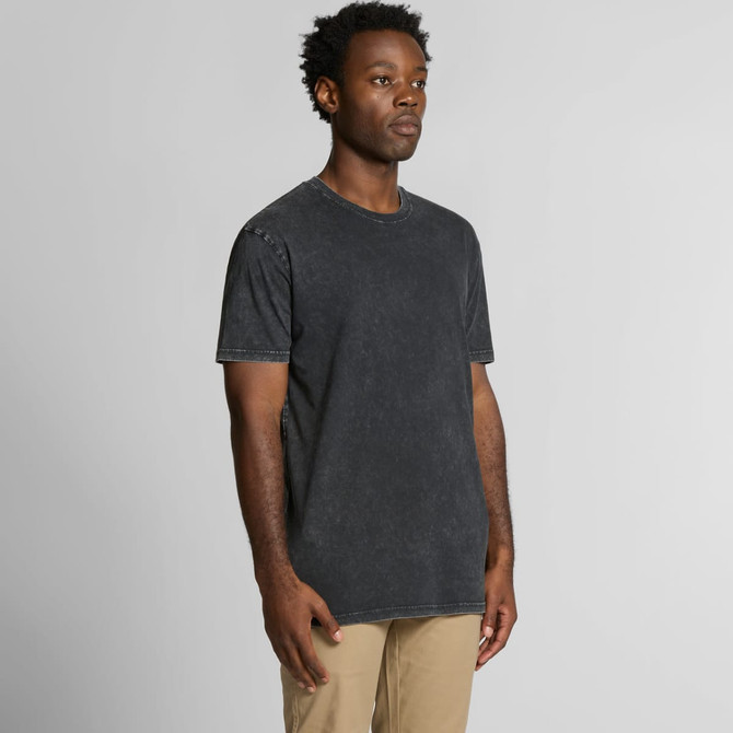 A dark stone wash t-shirt with a relaxed fit, featuring a logo on the front. Ideal for casual wear.