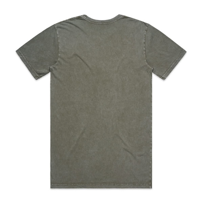 A khaki green T-shirt with a simple design and a logo on the back. It's made from stone-washed fabric.