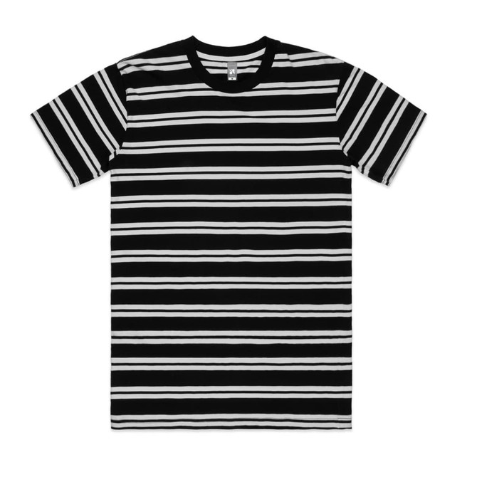 A black and white striped T-shirt with short sleeves and a crew neckline, featuring a logo on the label.