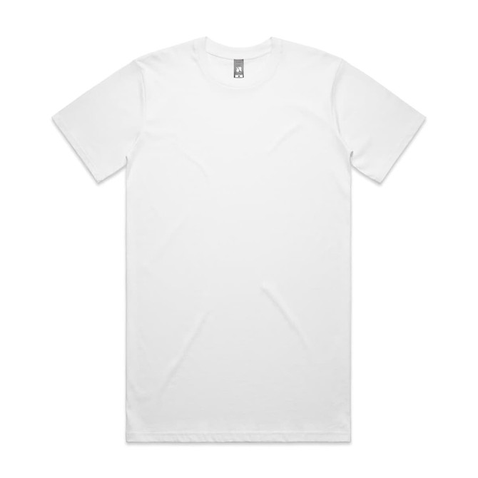 A white Classic Plus Tee [+5cm] t-shirt with a round neck and short sleeves, featuring a logo at the neck.