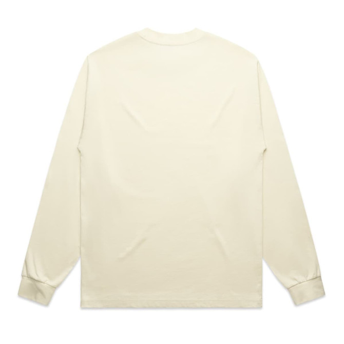 A cream long-sleeve t-shirt featuring a plain back and fitted cuffs, with a branding logo.