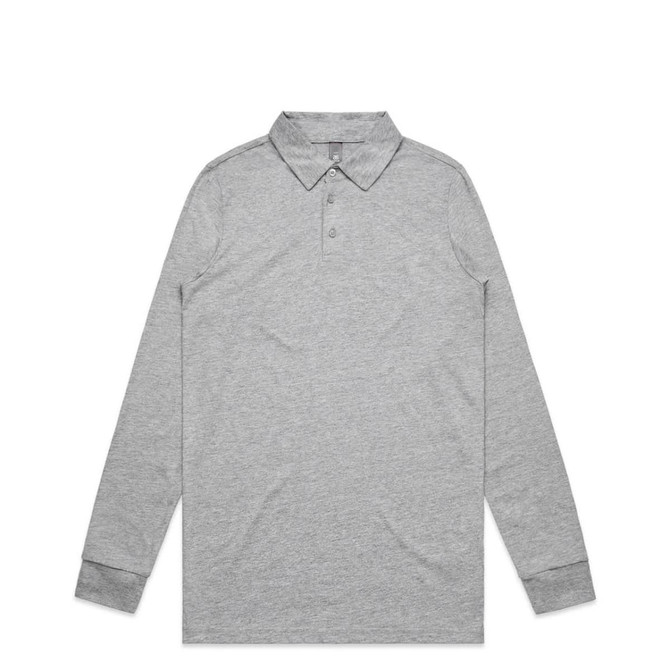 A long-sleeve polo shirt in grey with a collar, featuring buttons and branded details.
