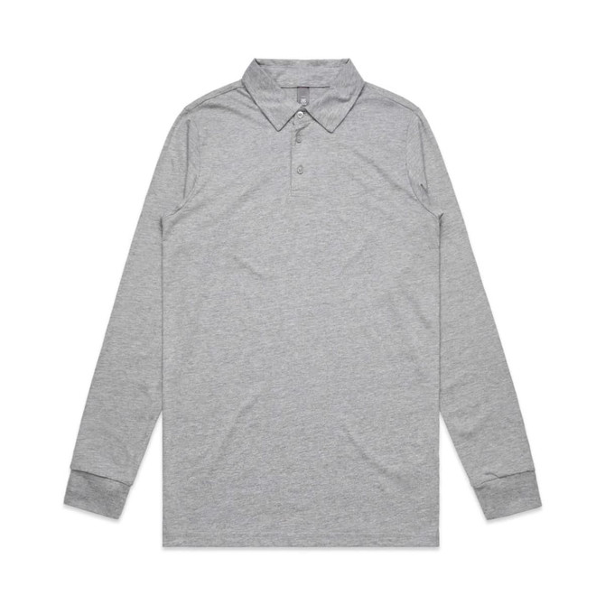 A long-sleeved grey polo shirt with a collar and buttons, featuring a discreet logo.
