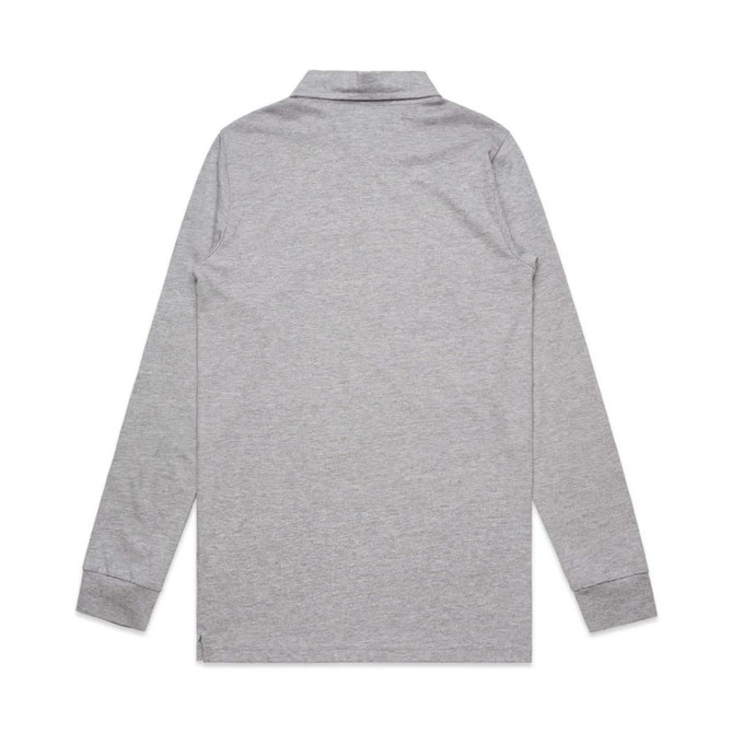 A long-sleeve polo shirt in grey with a collar and cuffs, featuring a logo on the side.
