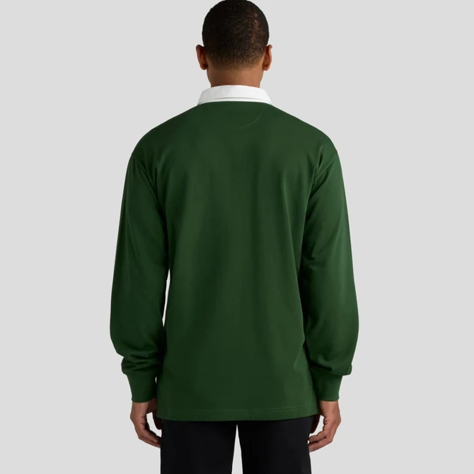 A green rugby jersey featuring a white collar, showcasing a plain back view with long sleeves.