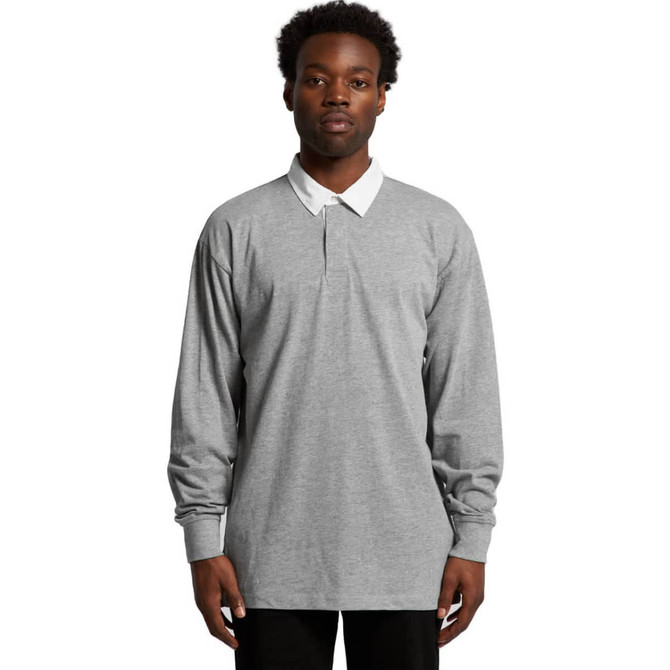 A long-sleeved rugby jersey in grey with a white collar. The jersey features a logo on the chest area.