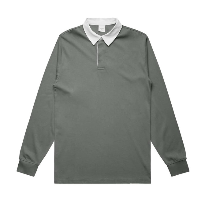 A long-sleeved grey rugby jersey with a white collar and a logo on the chest.