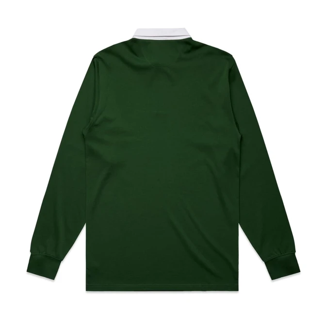 A dark green rugby jersey with long sleeves and a white collar, featuring a blank back and no visible branding.