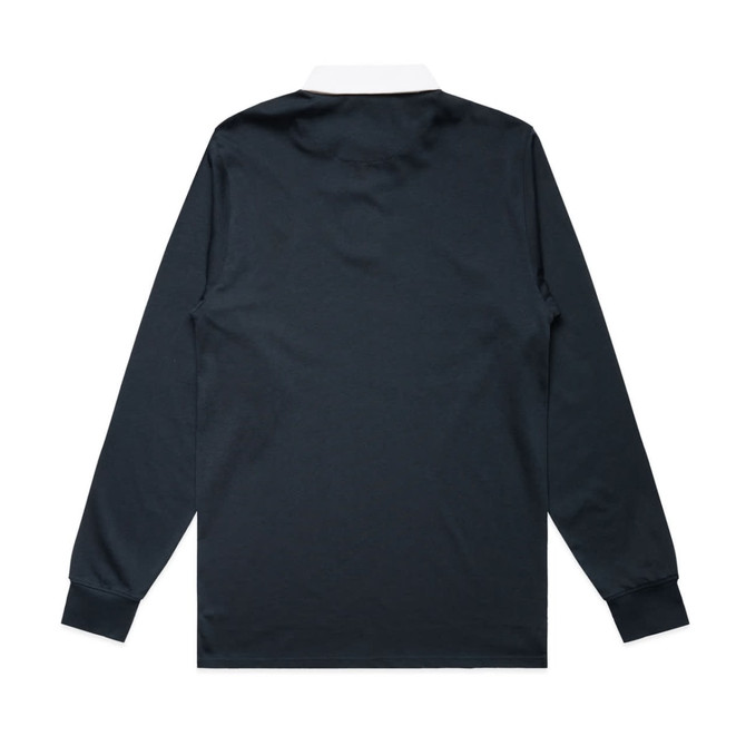 A navy rugby jersey featuring long sleeves and a white collar, with a logo on the back.