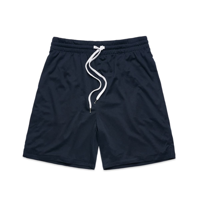 Dark navy sports shorts with an elastic waistband and white drawstring detail. Features a branding logo.