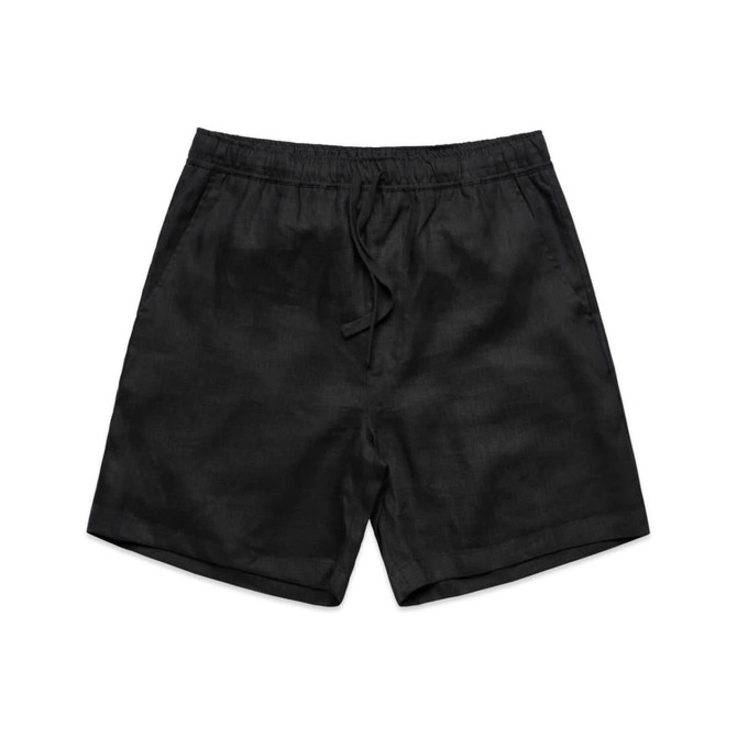 Linen shorts in black with an elastic waistband and drawstring, designed as dress shorts.