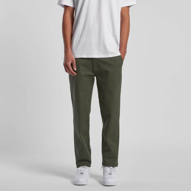 Straight pants in olive green, featuring a relaxed fit and front pockets, paired with a plain white t-shirt and white shoes.
