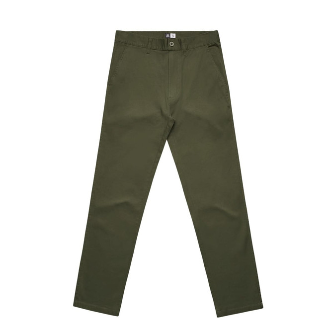 Straight pants in an olive green colour with a logo on the waistband, featuring a classic slacks design.
