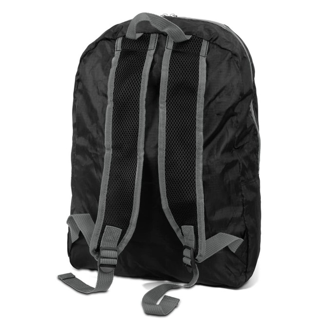 A black Origami Foldable Backpack featuring padded, mesh shoulder straps and a streamlined design. It has a logo.
