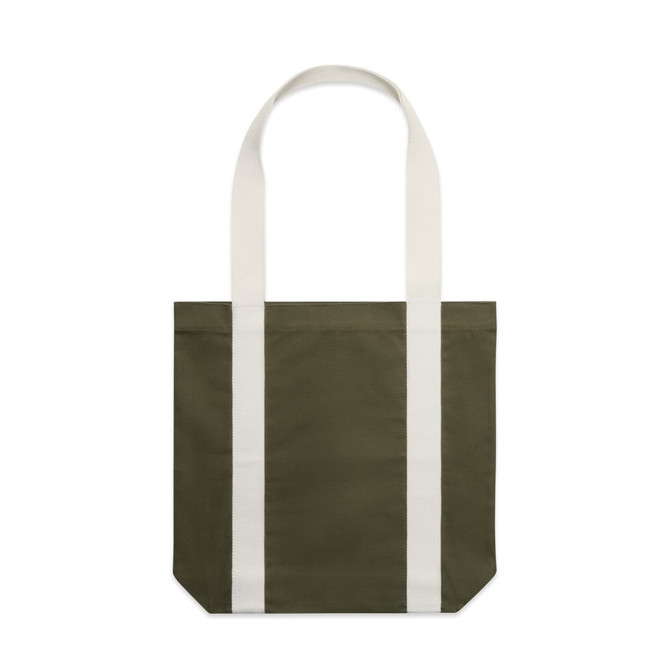 A two-tone tote bag in olive green and cream, featuring long handles and a simple design.