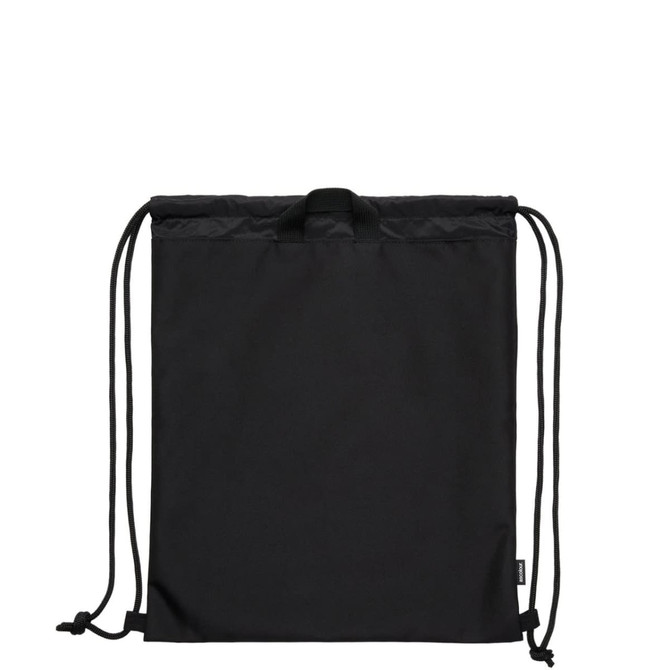 A black drawstring gear bag with two drawstrings and a small loop at the top, featuring a logo.