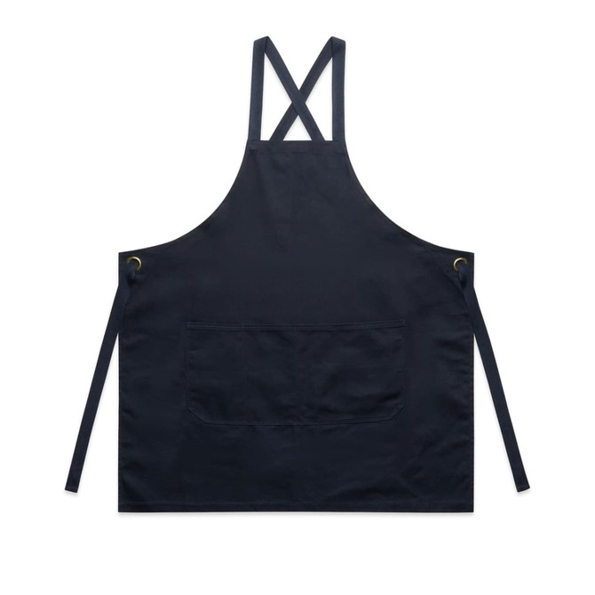 A navy blue apron with a pocket, featuring adjustable straps and a branding logo.