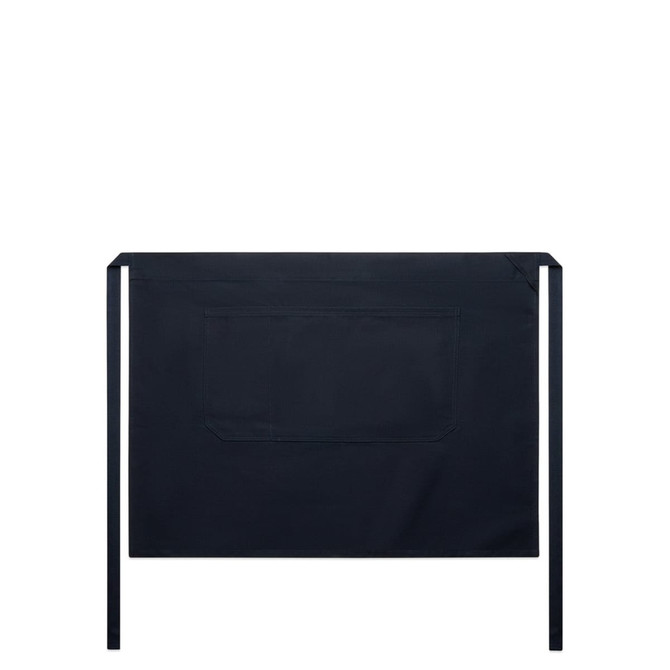 A black Carrie Half Apron featuring a front pocket and ties, designed for workwear use.