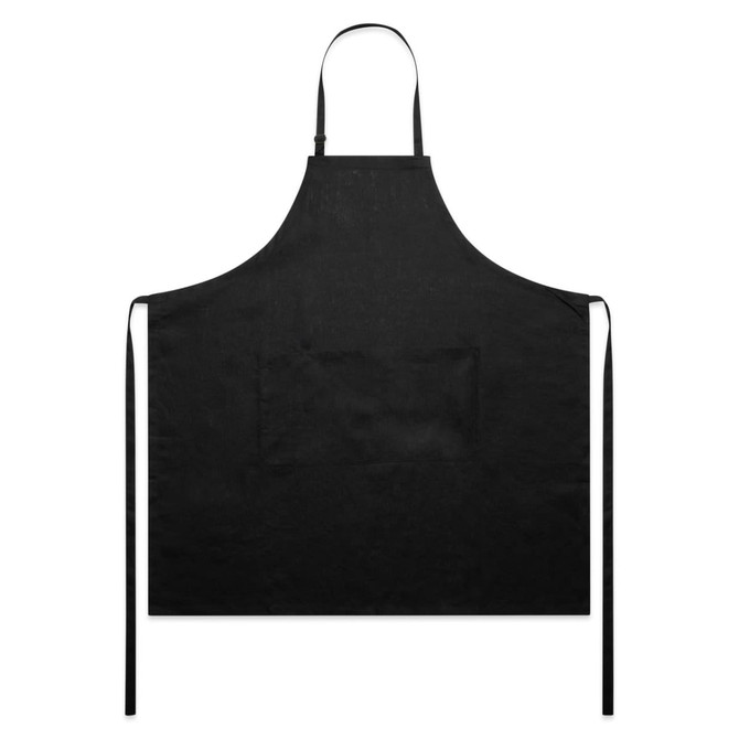 A black linen apron with adjustable neck straps and long ties. It features a logo on the front.
