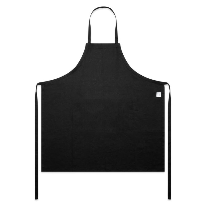 A black linen apron with ties and a small logo on one side. It features a simple, classic design.