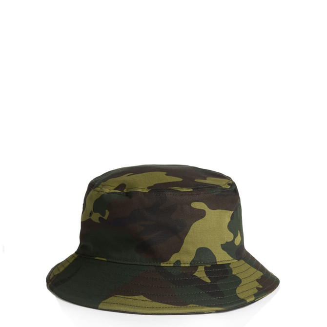 A camouflage bucket hat in various shades of green and brown, featuring a wide brim and a simple design.
