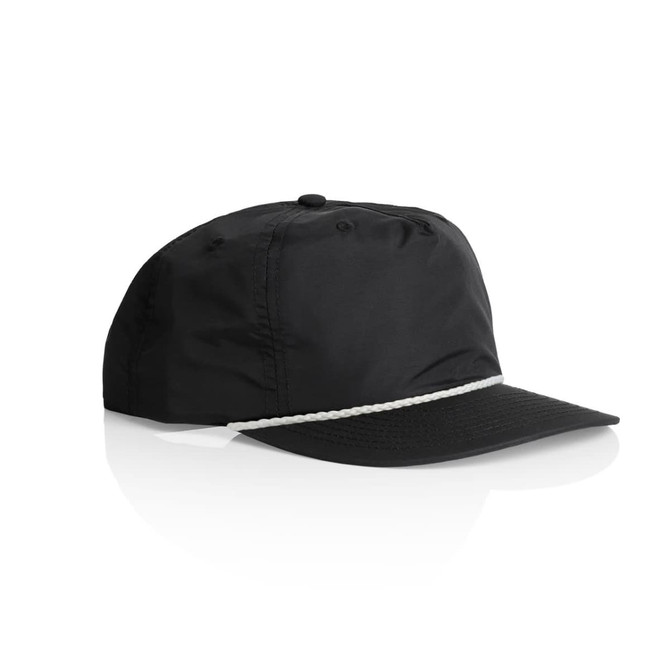 A black cap featuring a white rope across the front, designed for promotional use, with a logo present.