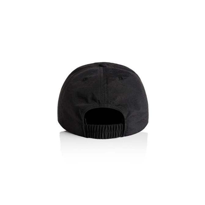 A black cap with an adjustable back. The cap features a logo on the side.