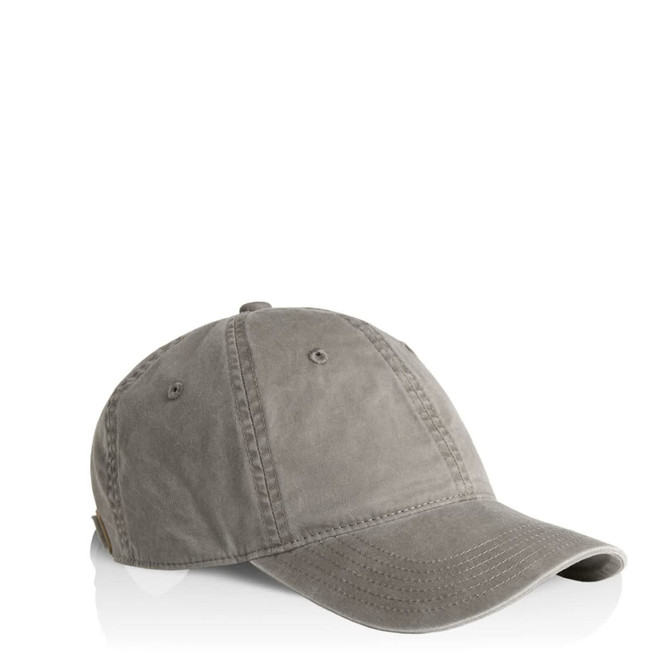 A faded grey cap with a curved brim and an emblem on the side.